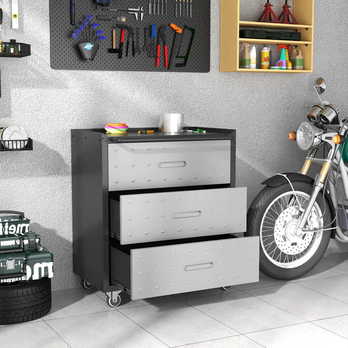 WERKZEUGSCHRANK Metall mit Rollen 3 Schubladen 75x42x88 cm – robust, Werkstattwagen für Garage, Büro & Haushalt, Schwarz/Grau - Schwarz, Metall (42/88.01/75.01cm) - Ej. Life