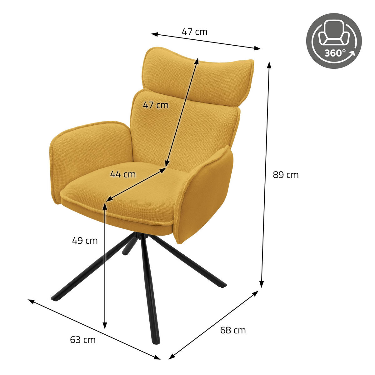 ESSZIMMERSTÜHLE 4er Set drehbar Senf mit Stoffbezug - Gelb/Schwarz, Textil/Metall (63/89/68cm) - ML-DESIGN