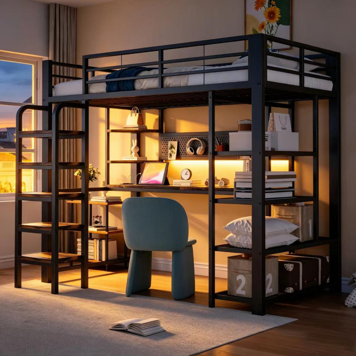 HOCHBETT 90/200 cm in Schwarz mit LED, Steckdosen, Schreibtisch und Ablagen - Schwarz, Holzwerkstoff/Metall (90/200cm) - WISHDOR