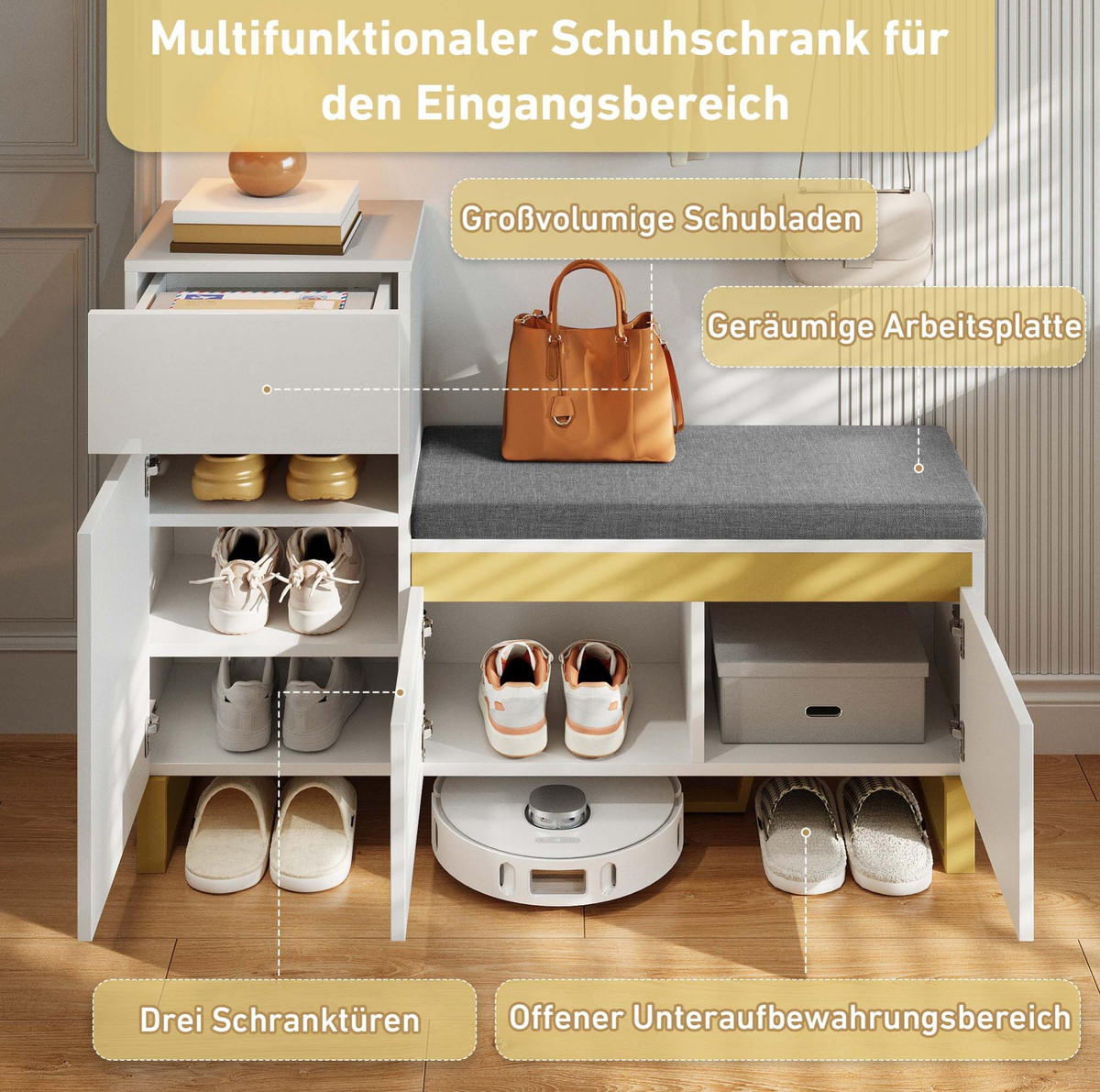 SCHUHSCHRANK 120/35/85 cm in Weiß mit Sitzkissen und Schublade - Weiß, Holzwerkstoff (120/85/35cm) - Flora Grace