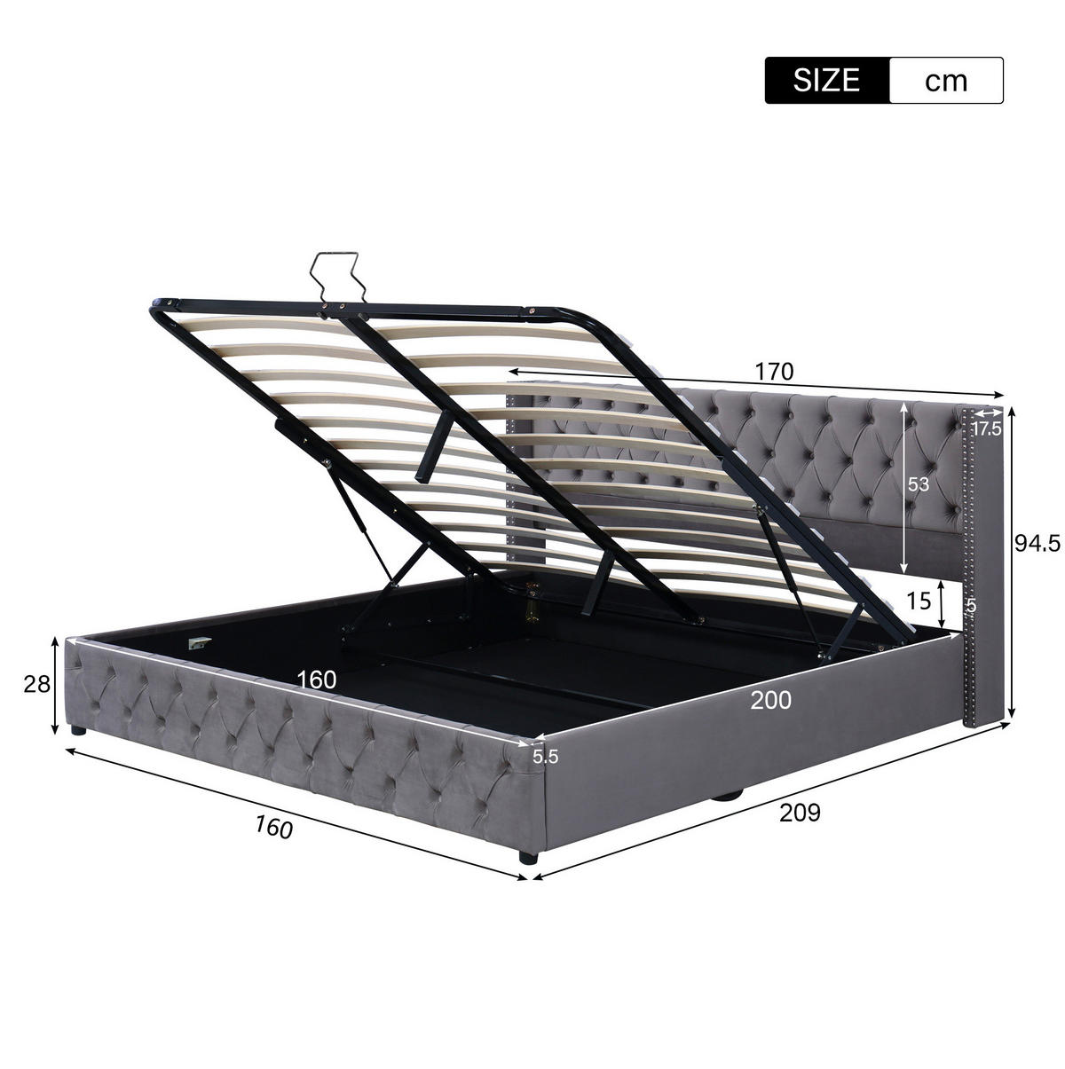 POLSTERBETT 160/200 cm grau mit hydraulischem Bettkasten und Chesterfield-Design - Grau, Textil (160/200cm) - OKWISH