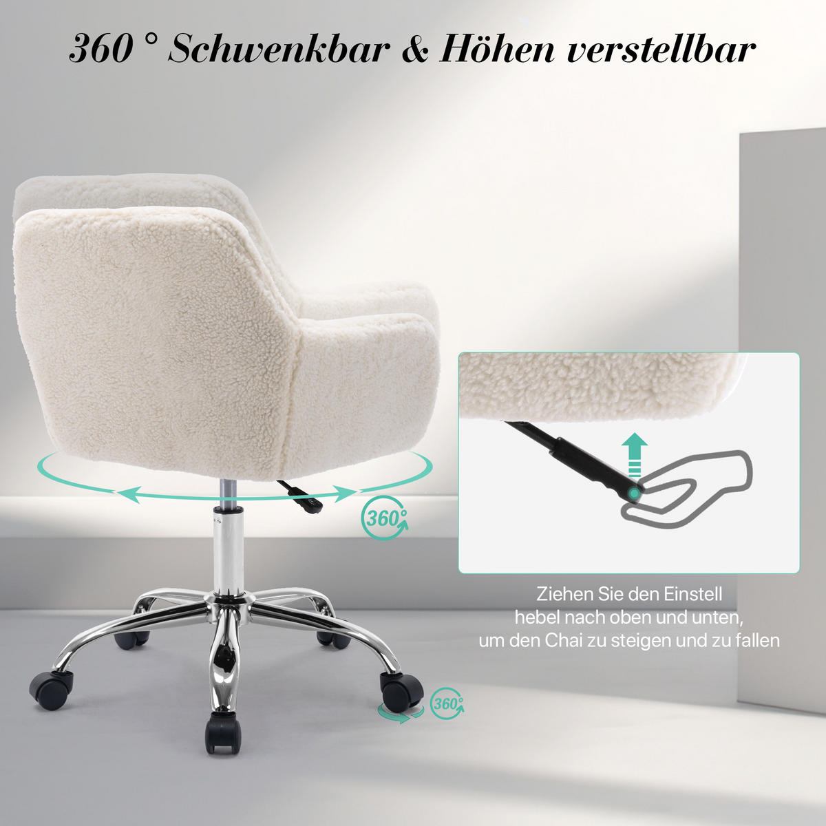 DREHSTUHL DE-41052 mit Kunstfellbezug und silbernen Beinen Weiß - Weiß, Metall (53/55/53cm) - ComfortXL