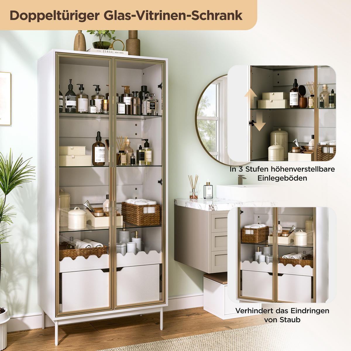 VITRINE in Weiß mit Glastür und Schublade für Wohnzimmer, B75/T35/H170,8 cm - Transparent/Weiß, Glas/Holzwerkstoff (75/170.8/35cm) - STILVORA