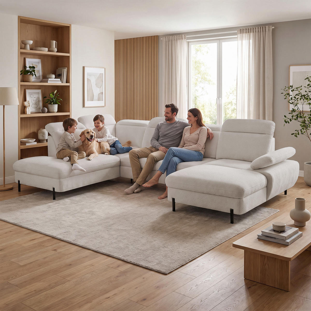 WOHNLANDSCHAFT Sora U mit Schlaffunktion und verstellbarer Sitztiefe, Kopfstützen und Armlehne, 365 cm, Beige, Rechts - Beige/Schwarz, Textil (365/107/235cm) - Beautysofa