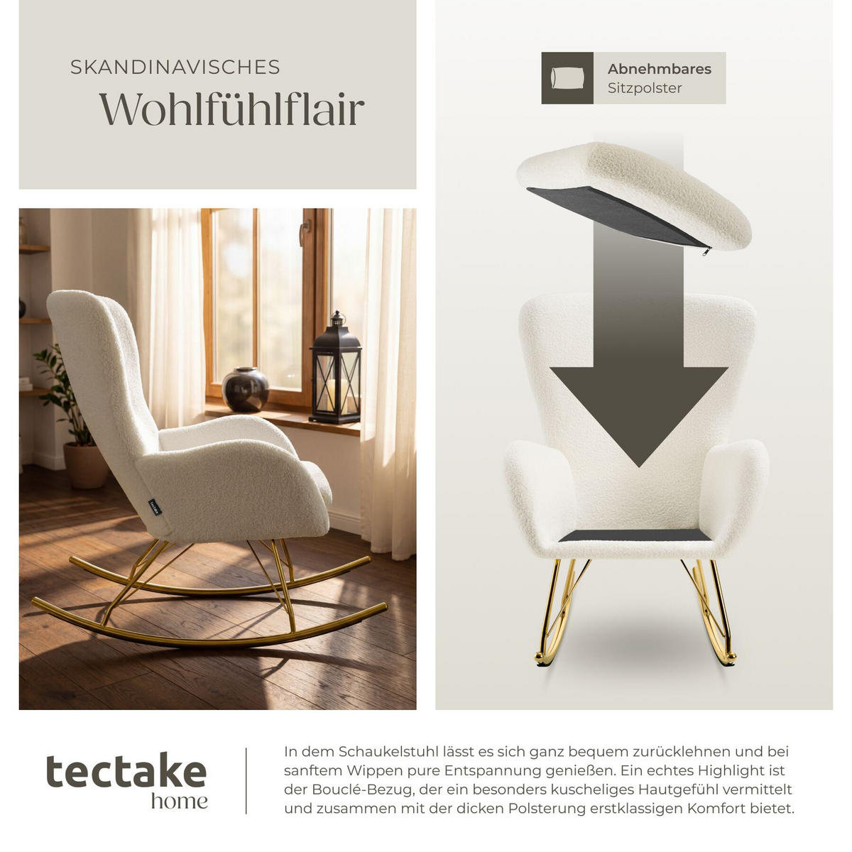 SCHAUKELSTUHL Swing, 70 x 93 x 100 cm, Belastbarkeit 120 kg, creme/gold - Goldfarben/Creme, Kunststoff (70/100/93cm) - tectake