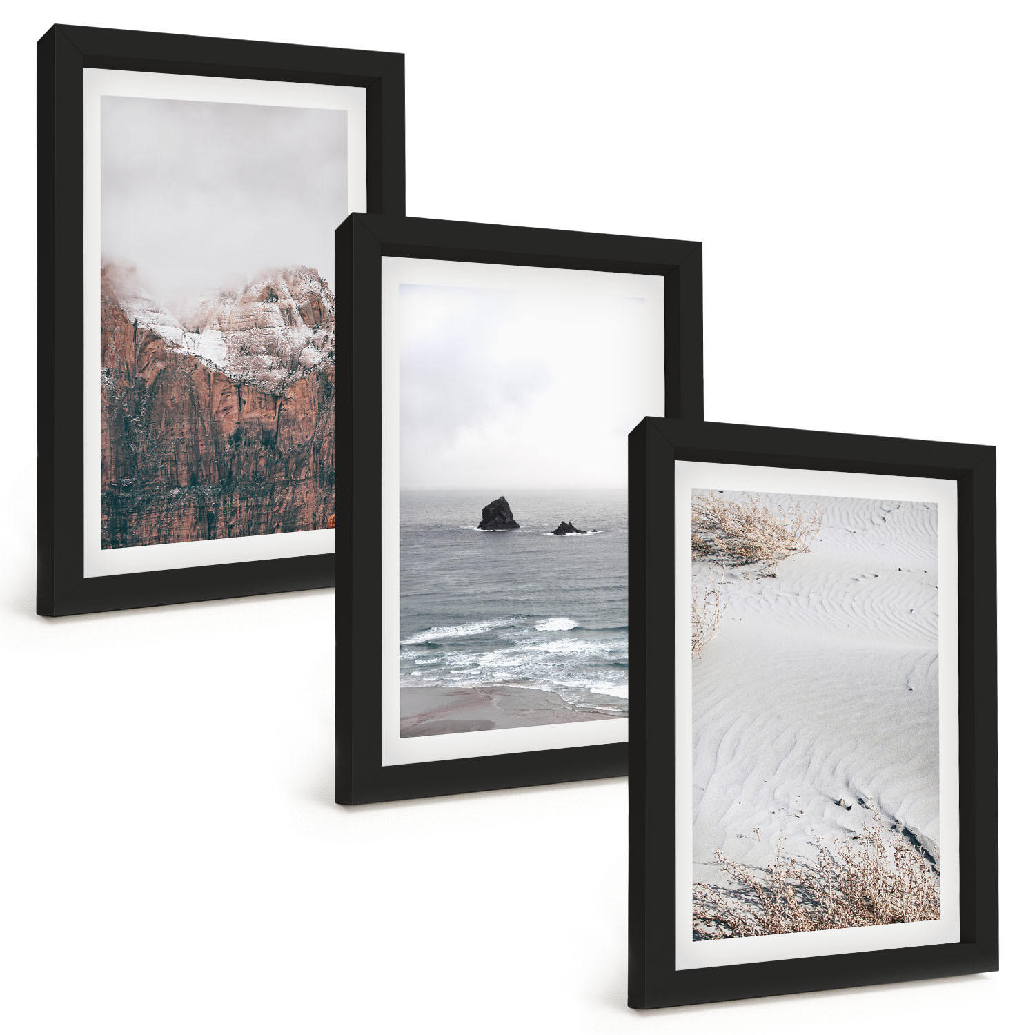 BILDER SET 3er Set - 20x30 cm Schwarzer Rahmen - Berge, Wolken, Meer, Sand, Natur - Schwarz, Kunststoff (20/30cm) - TULUP