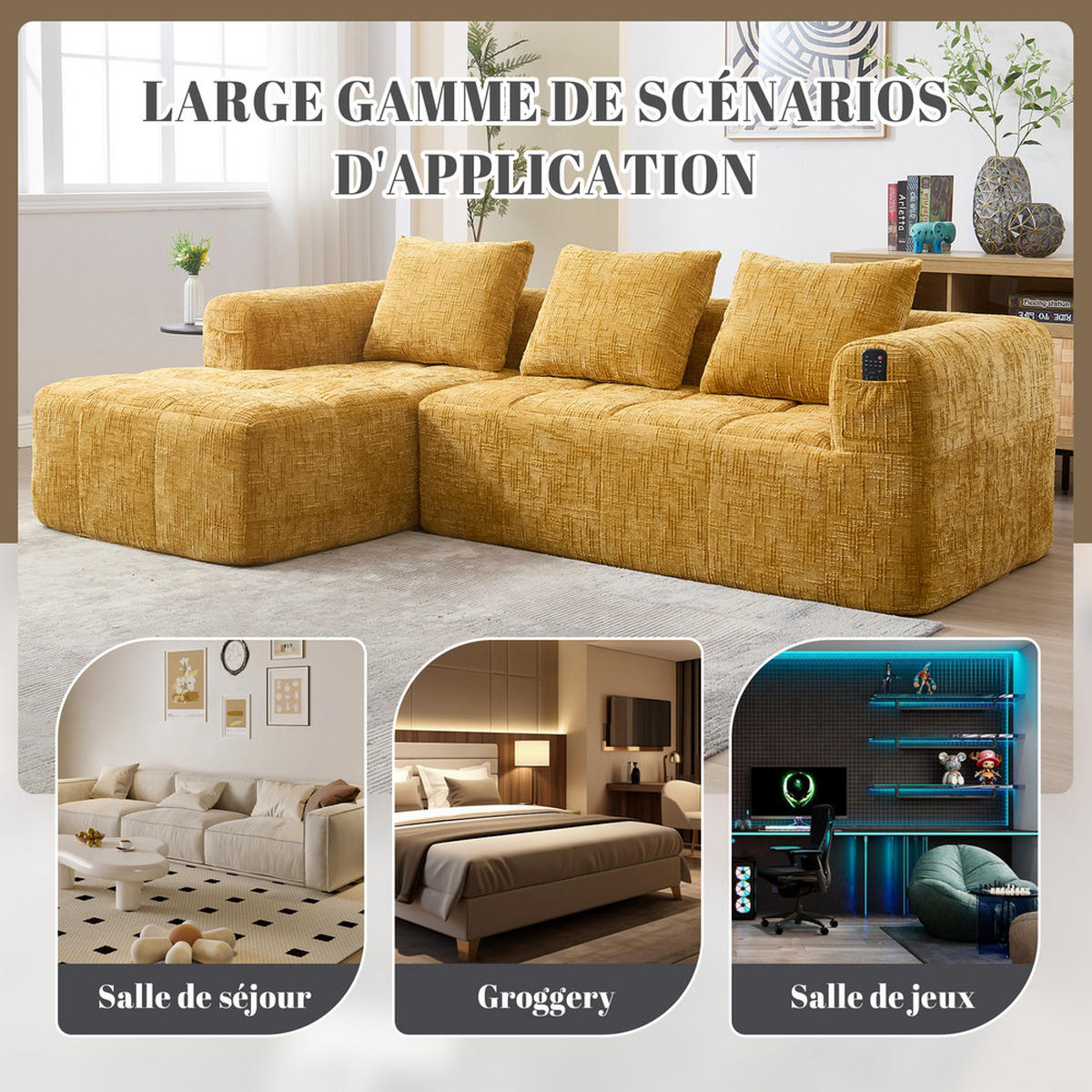 ECKSOFA Chenille 250x158cm - Gelb, Textil (37/38.5cm) - Raelunyi