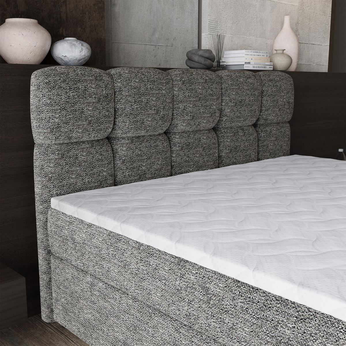 BOXBETT BRUME 160x200 cm mit Matratze und Topper, H2+H3 - Grau - Grau, Holz (160/200cm) - MASSENO