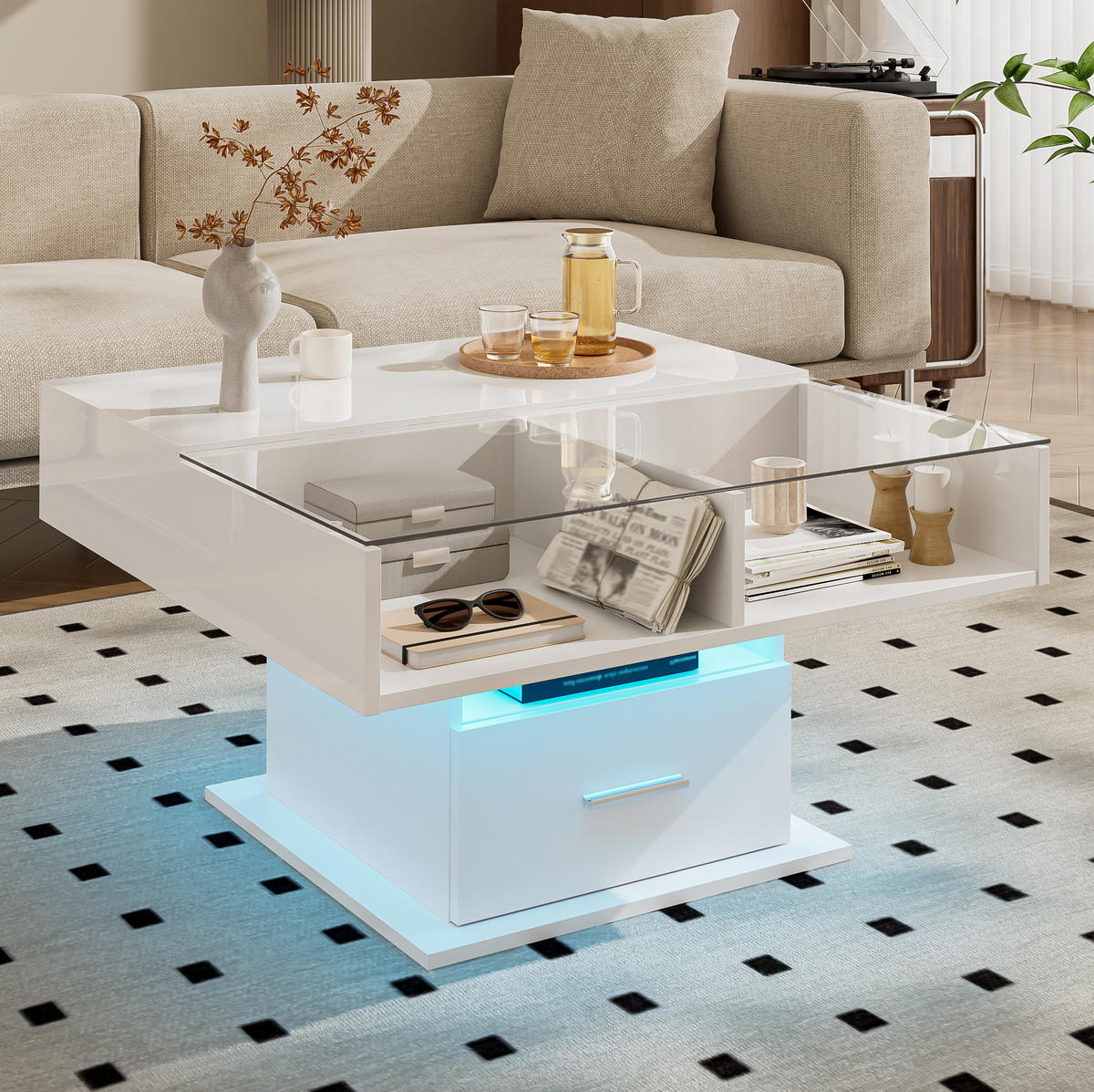 COUCHTISCH 78/78/45,5-59,5 cm höhenverstellbar mit LED-Beleuchtung, Stauraum und Glasboden aus Spanplatte, Weiß - Weiß, Holzwerkstoff (78/78/59.5cm) - Redom