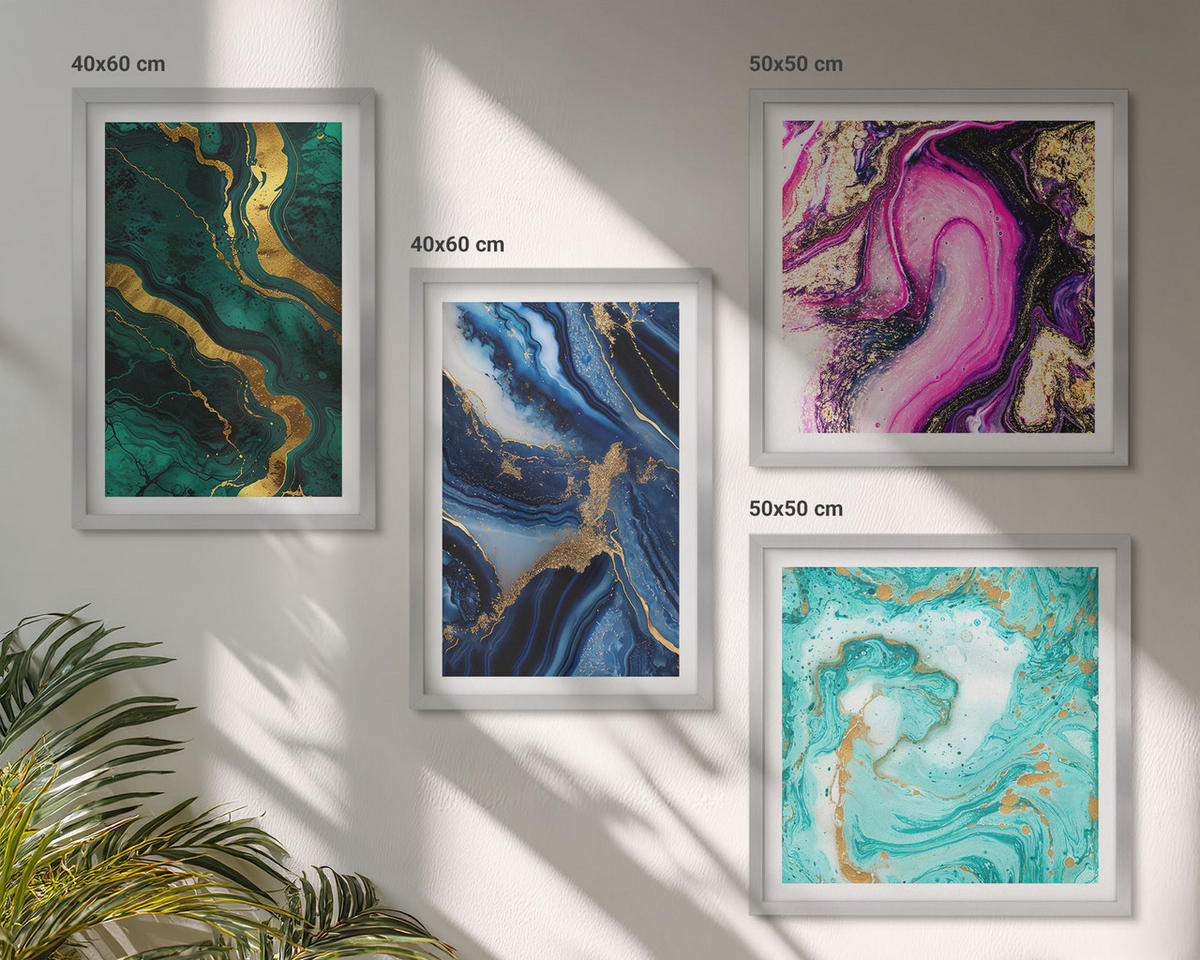 WANDBILDER 4er Set - 50x50 cm & 40x60 cm Silberner Rahmen - Abstrakte Muster in Rosa, Grün und Blau - Silberfarben, Kunststoff (50/50cm) - ArtPrintCave
