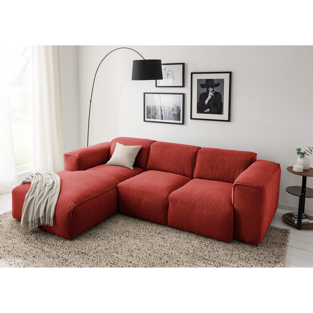 3-SITZER ECKSOFA mit Longchair - Rot/Schwarz, Kunststoff/Textil (251/173cm) - home24