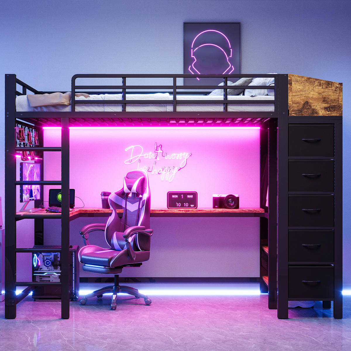 HOCHBETT 90x200cm Metall Gaming Schreibtisch LED USB Schwarz - Schwarz, Metall (90/200cm) - FLIEKS
