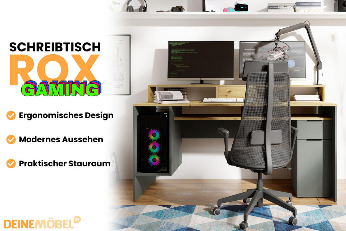 GAMINGTISCH ROX 160 cm breit in Graphit / Eiche Artisan - Graphitfarben/Eiche Artisan, Holzwerkstoff (70/160/92cm) - Deine Möbel 24