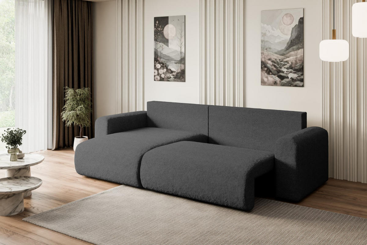 ECKSOFA mit Schlaffunktion und Bettkasten ORRO-L - 272x145x83 cm Grau Bouclé - Schwarz/Grau, Holzwerkstoff/Kunststoff (272/145cm) - ALTDECOR