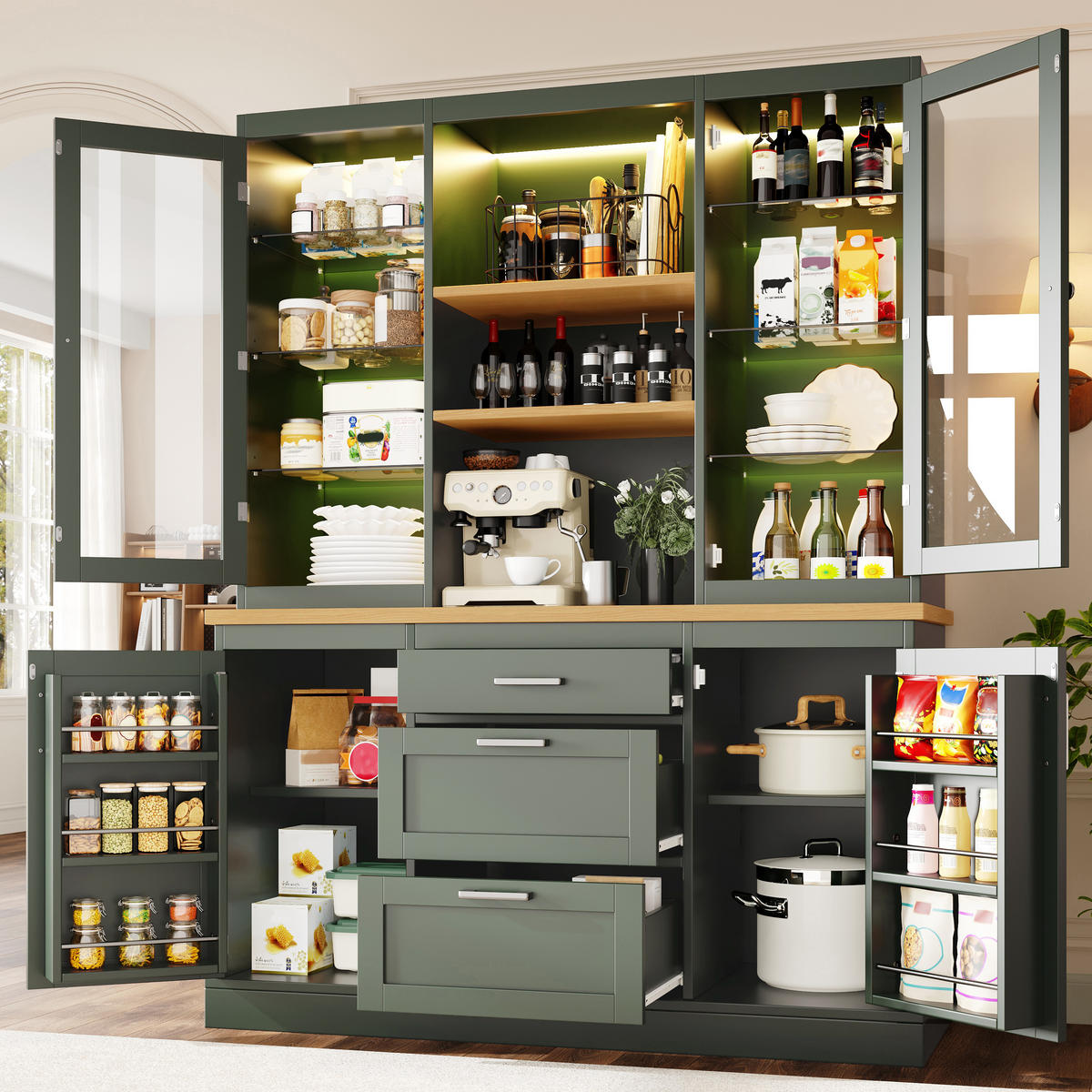 KÜCHENSCHRANK LED App 185x140x40Cm Arbeitsplatte - Grün, Holzwerkstoff (140/185/40cm) - FLIEKS