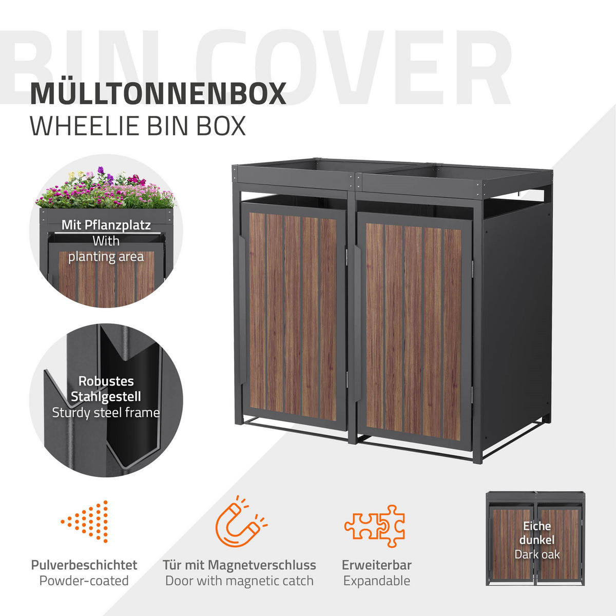 MÜLLTONNENBOX 2er mit Pflanzdach 240L Anthrazit-Holzoptik aus Stahl - Dunkelbraun, Metall (80/124/132cm) - ML-DESIGN
