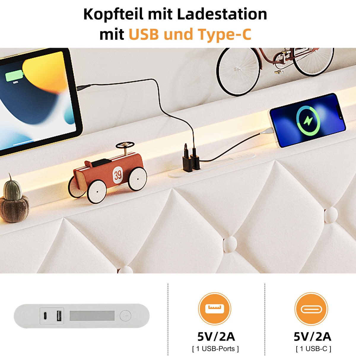 POLSTERBETT 140x200 cm Beige mit RGB-LED, USB-C & hydraulischem Stauraum - Beige, Holz (140/200cm)