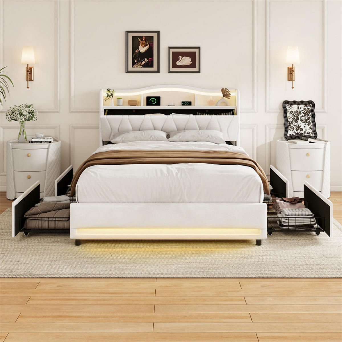 POLSTERBETT 160x200cm - Doppelbett mit 4 Schubladen - RGB-LED-Beleuchtung - Stauraum-Kopfteil - ohne Matratze - Beige - Beige, Textil (160/200cm) - DELFA