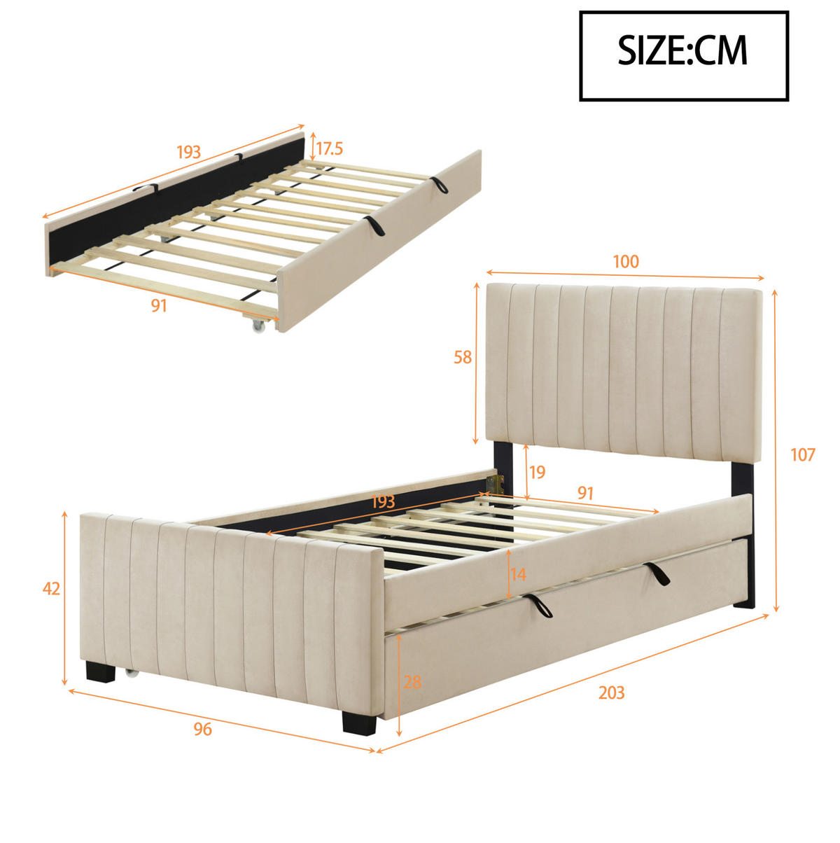 POLSTERBETT 90/190 cm aus Samtstoff mit ausziehbarem Gästebett Beige - Beige, Textil (90/190cm) - Modenvie