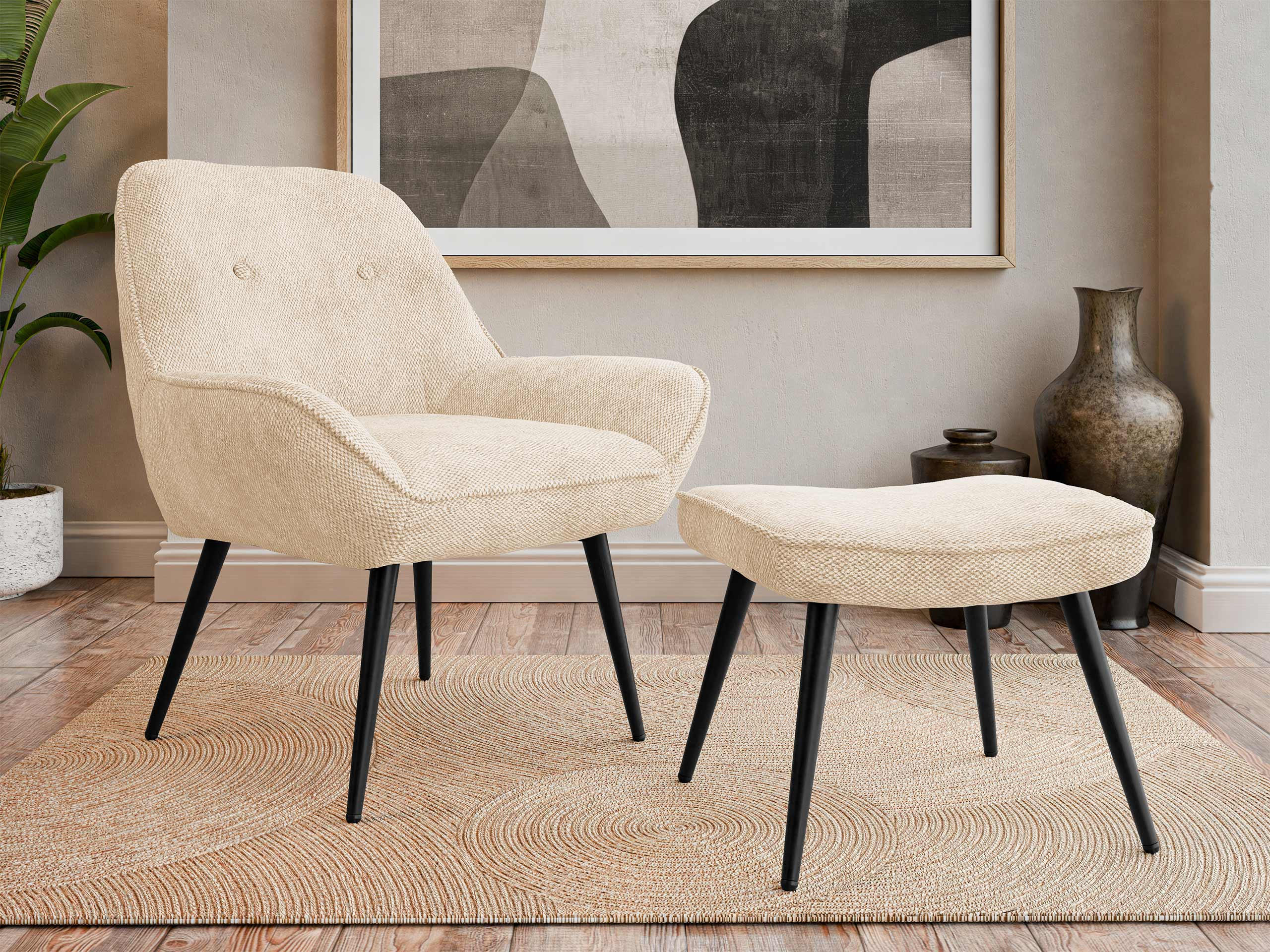 SESSEL Zorto Muz 809B mit Fußbank - Schwarz/Naturfarben, Holz/Textil (73/89/73cm) - MIRJAN24