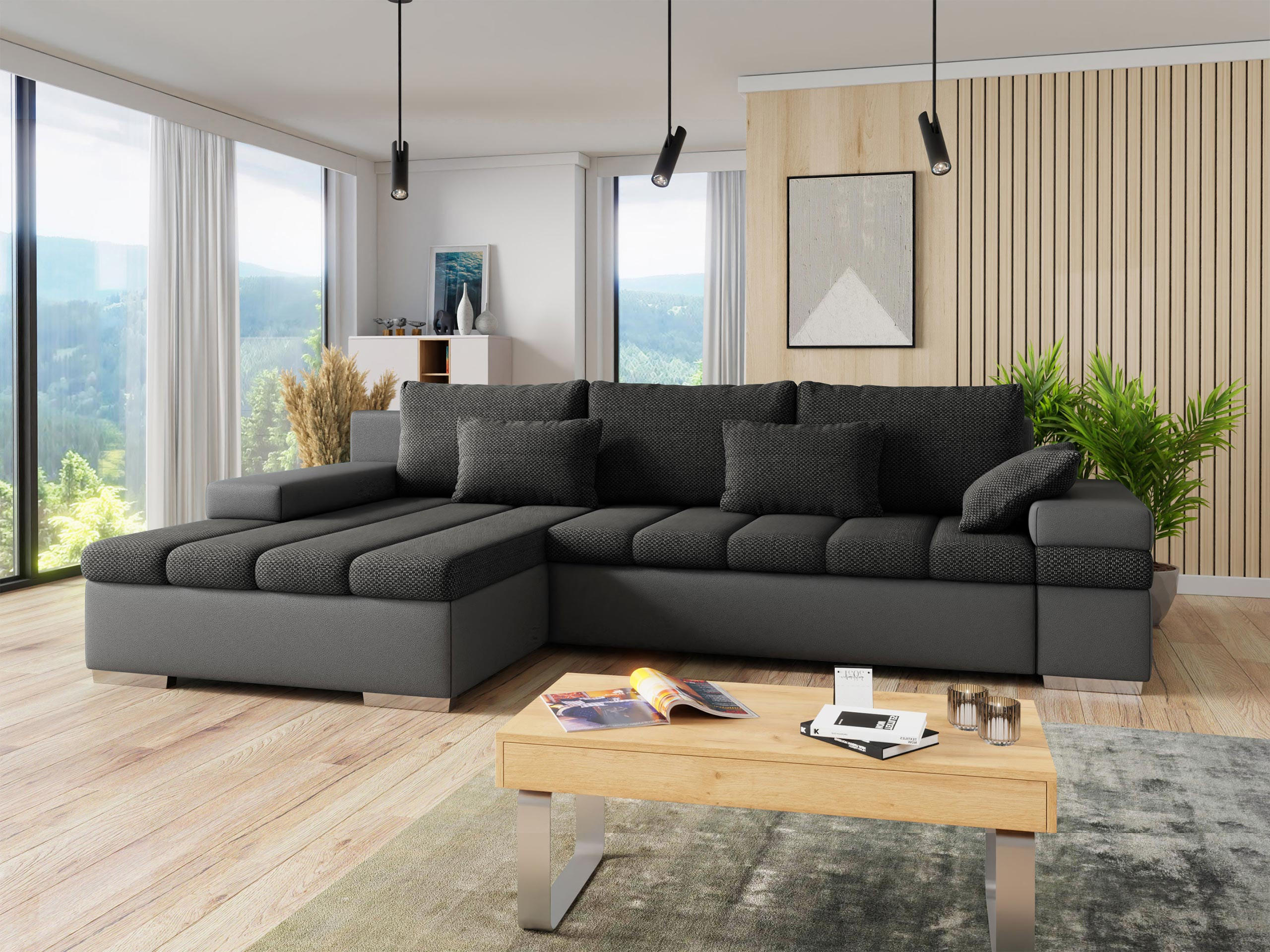 ECKSOFA Bangkok, Seite: Links - Dunkelgrau/Silberfarben, Holz/Textil (310/175cm) - MIRJAN24