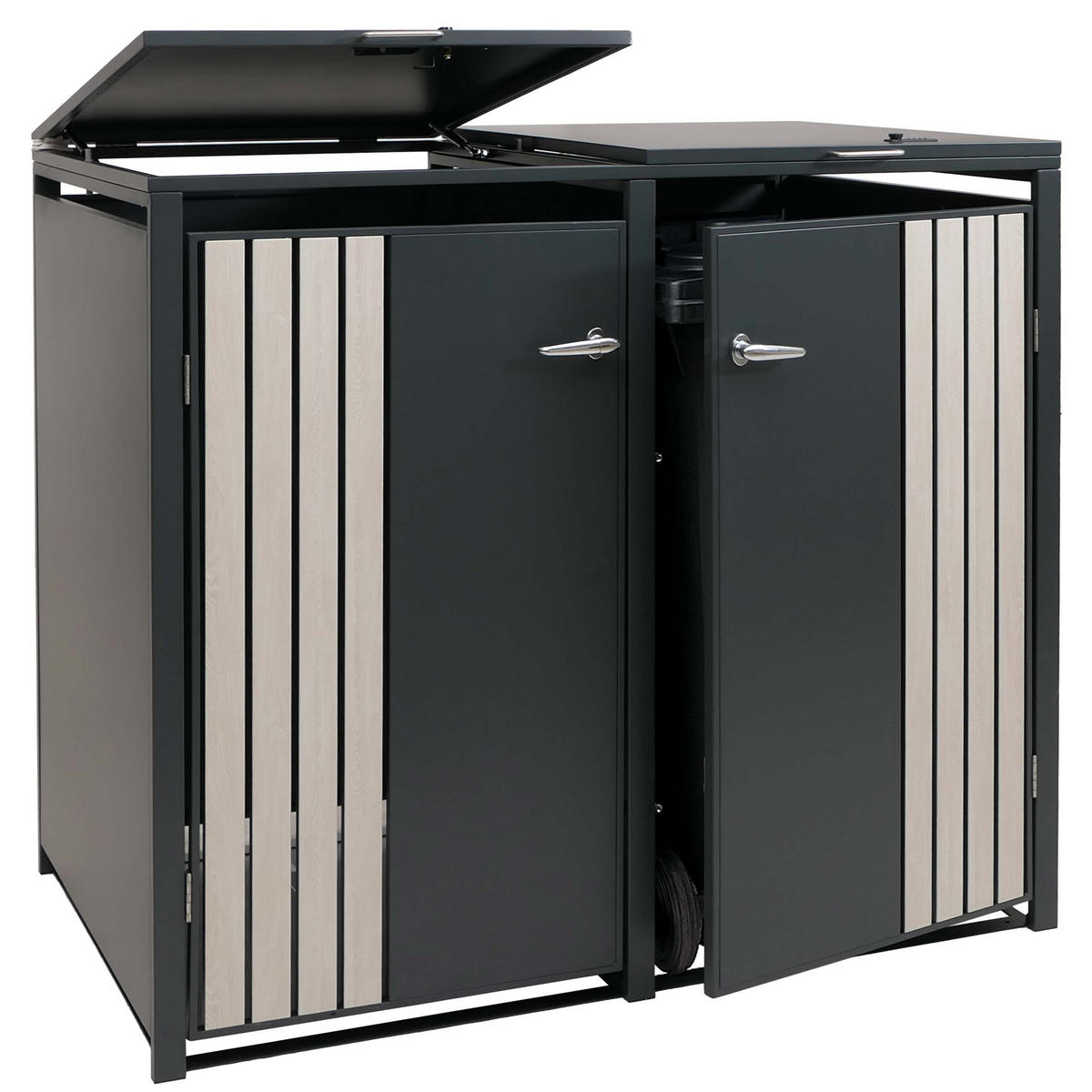 MÜLLTONNENBOX 2er mit Deckel HxBxT 122x132x84cm Anthrazit Holzoptik hell - Anthrazit, Metall (132/122/84cm) - PROREGAL