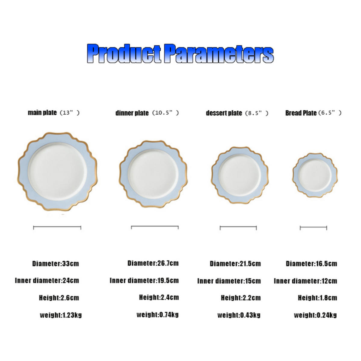 TELLERSET Hellblau Gold Bone China 4tlg Ø30 Ø27 Ø20 Ø16 cm - Blau/Hellblau, Keramik (33/33/3cm) - Quality Elegance