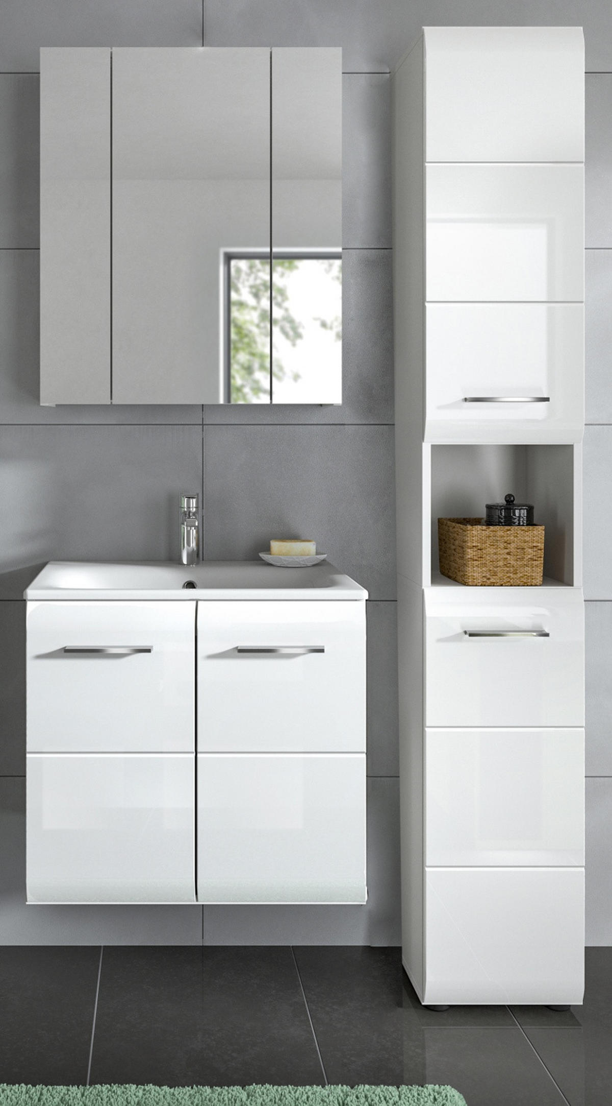 BADMÖBEL Set 3-teilig in weiß Hochglanz inkl. Waschbecken 105 x 185 cm Cover - Weiß Hochglanz/Silberfarben, Holzwerkstoff/Kunststoff (105/185/46cm) - Inn.Furn