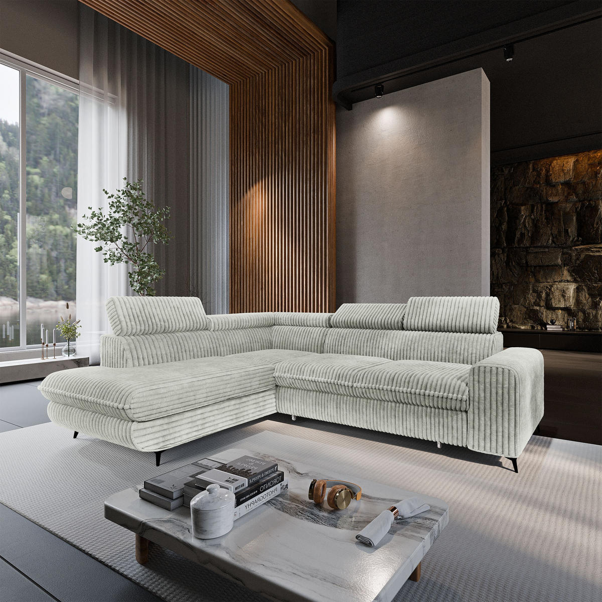 ECKSOFA VELISS Hellgrau Kordstoff mit Schlaffunktion - Hellgrau, Holz (255/193cm) - MASSENO