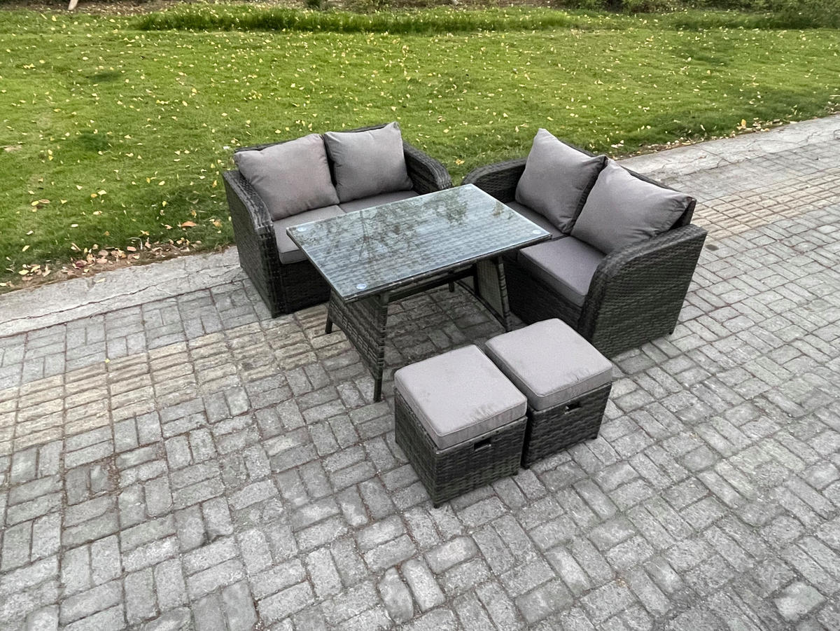 BALKONSET mit ESSTISCH SOFA Polyrattan Dunkelgrau 6-Sitzer - Dunkelgrau/Grau, Glas/Kunststoff - Fimous