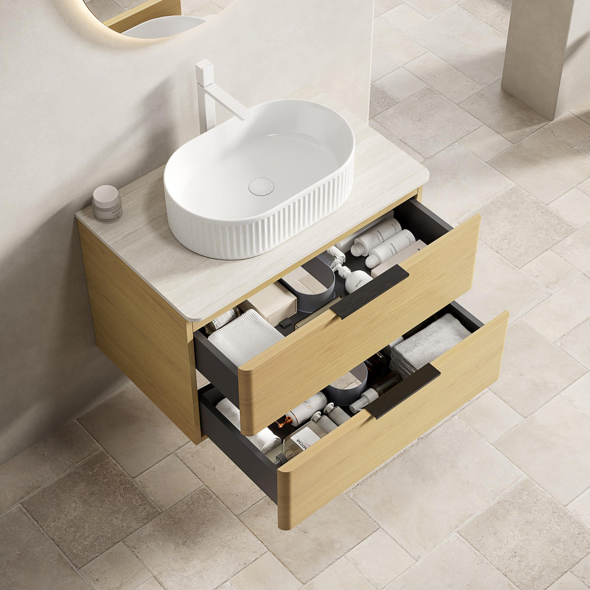 WASCHTISCHUNTERSCHRANK 75x46x62.2cm Beige/Eiche/Weiß mit ovalem Keramikbecken & Travertin-Arbeitsplatte - Eichefarben, Keramik (75/62.2/46cm) - Modfu