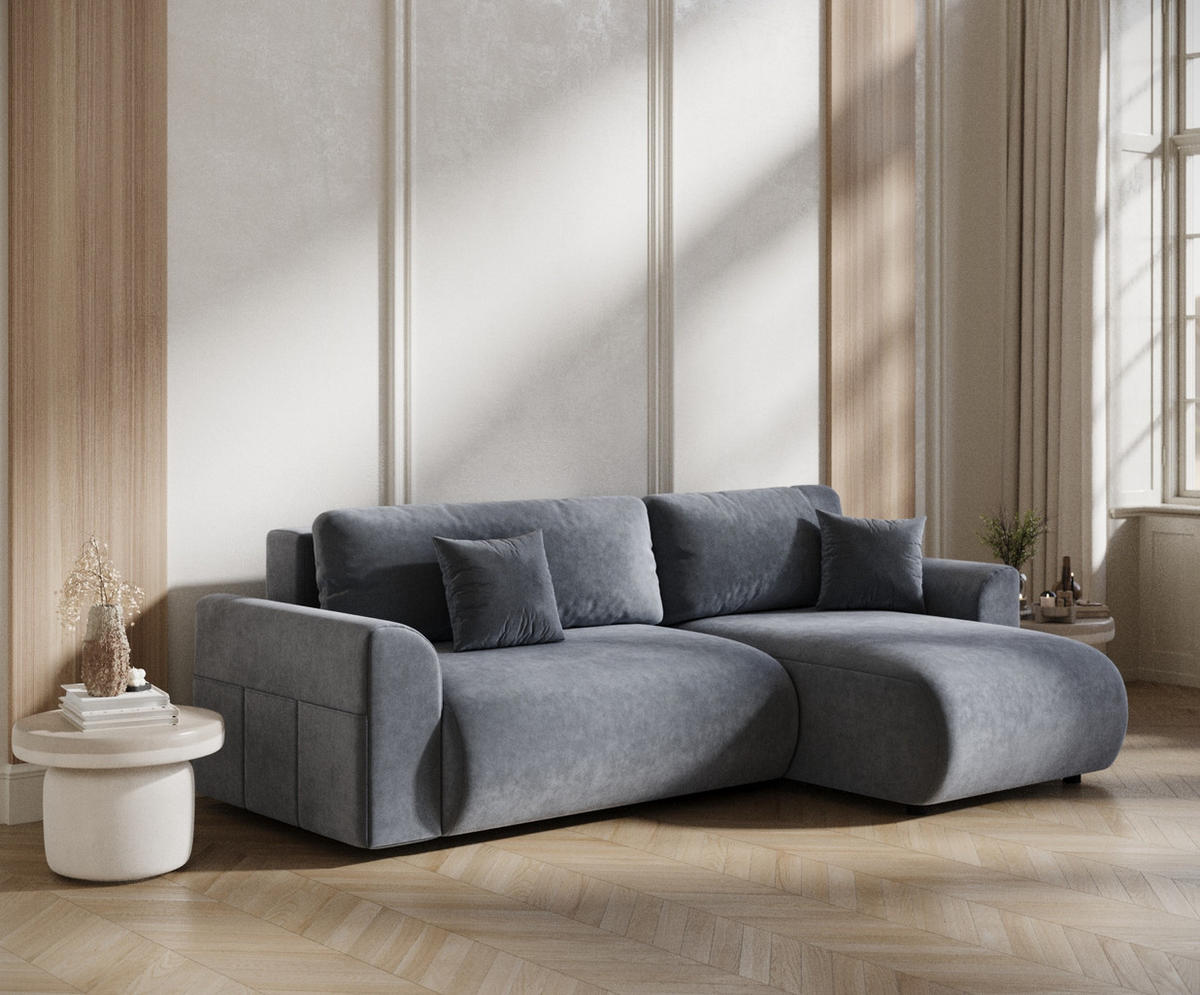 ECKSOFA MIT SCHLAFFUNKTION Bodega Grau Samtstoff - Schwarz/Grau, Holz/Holzwerkstoff (235/138cm) - Maison de Reve