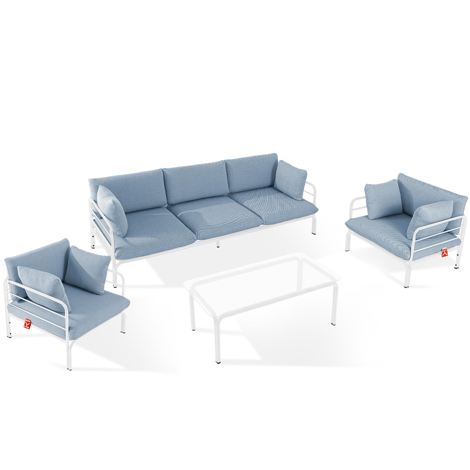 GARTENMÖBELSET RAMBE 4-tlg. 1x Tisch 2x Sessel 1x Sofa 3-Sitzer, mit Auflage, Stahlrahmen, LOFT-STIL, Weiß - Blau/Weiß, Glas/Textil - KONSIMO®