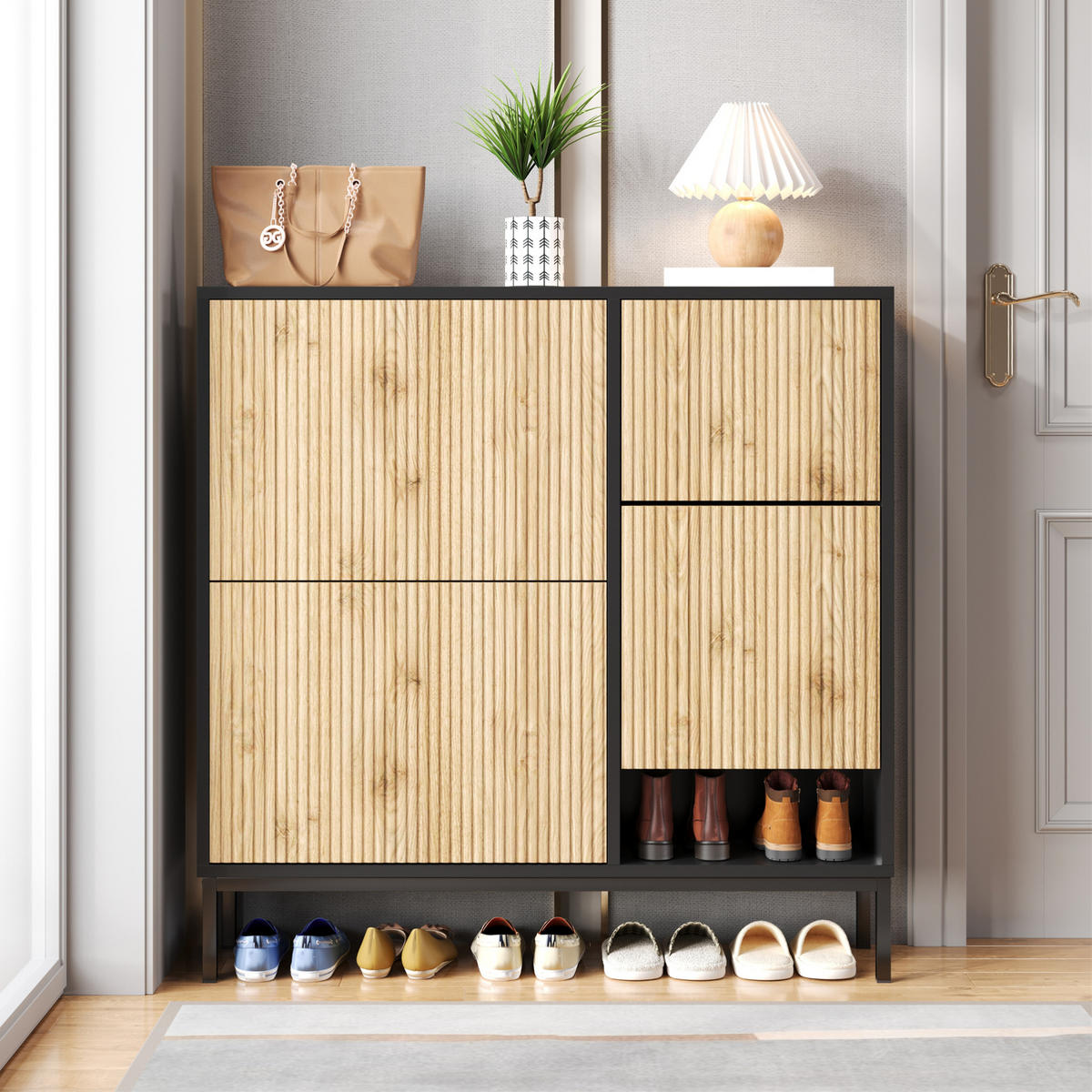 SCHUHSCHRANK mit 2 Schubladen und 2 Türen, strukturierte Paneele mit vergoldeten Akzenten, 100/25/100 cm, Schwarz und Holzfarbe - Naturfarben, Holzwerkstoff (100/25/100cm) - Redom