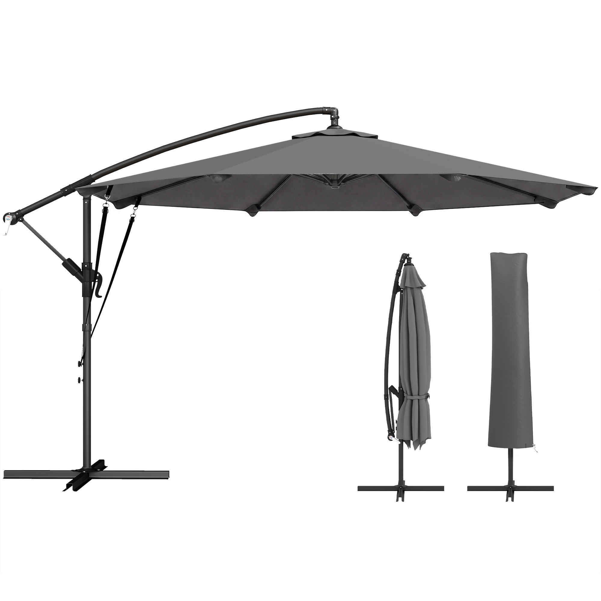 AMPELSCHIRM Ø295 cm DE-11571 mit Spannseilen & Schutzhülle Dunkelgrau - Dunkelgrau, Metall (295/295cm) - ComfortXL