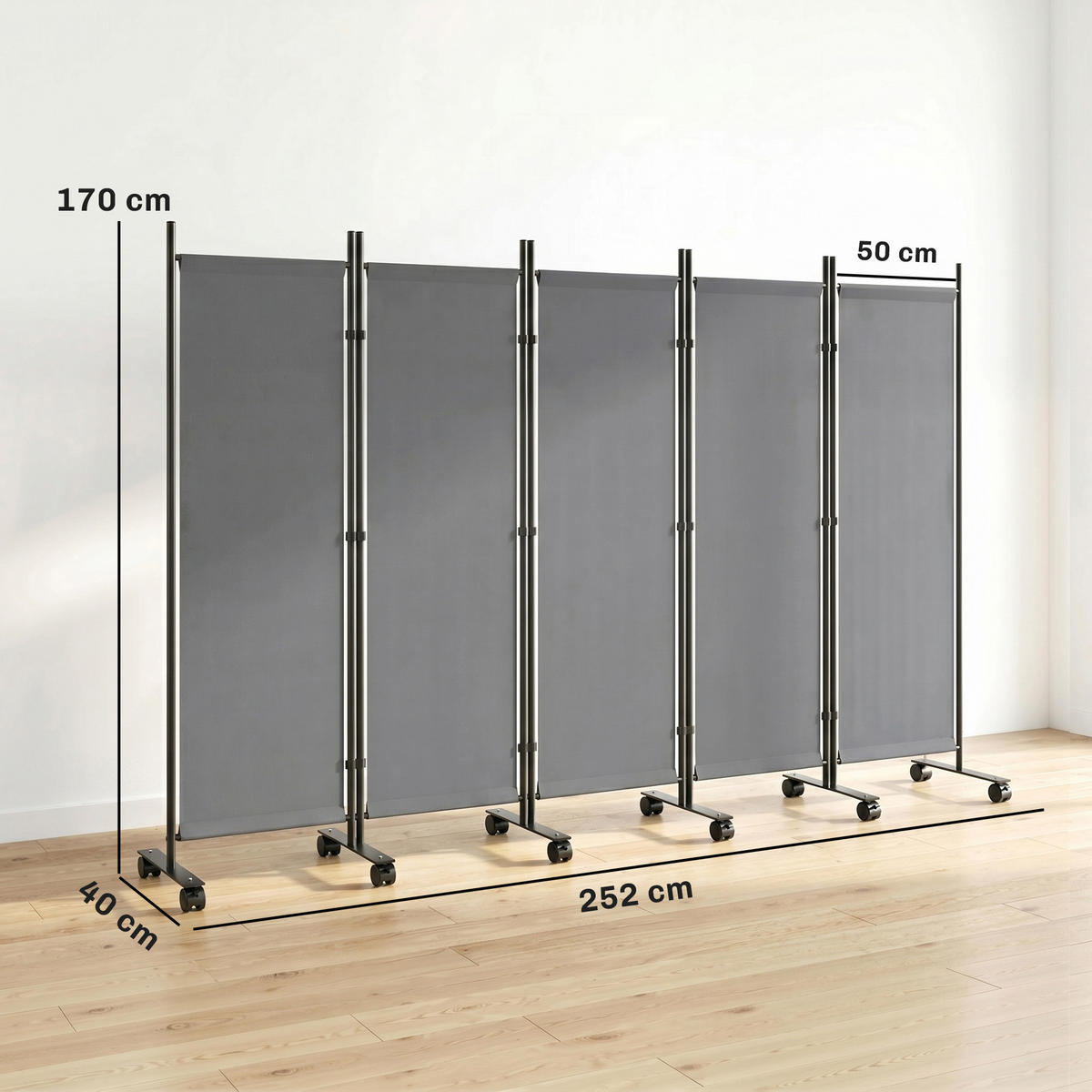 PARAVENT DE-18086 5-teilig mit 12 Rollen, erweiterbar Dunkelgrau - Dunkelgrau, Metall (40/170/252cm) - ComfortXL