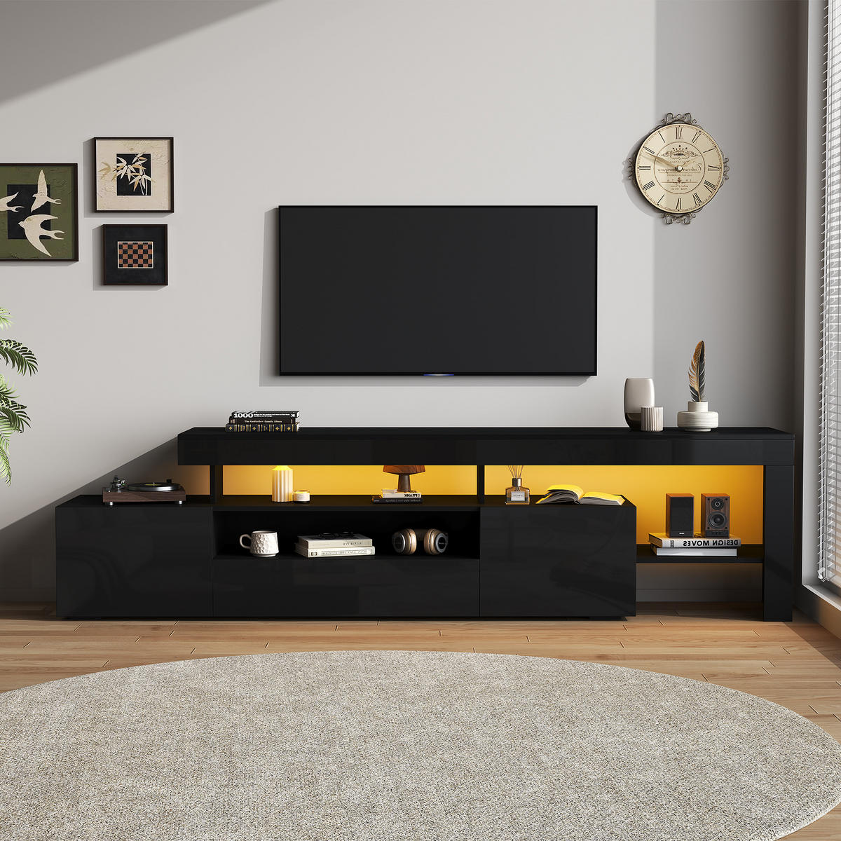 LOWBOARD DE-40375 3 Schränke mit LED und Hochglanz Schwarz - Schwarz, Holzwerkstoff (192/53/37cm) - ComfortXL