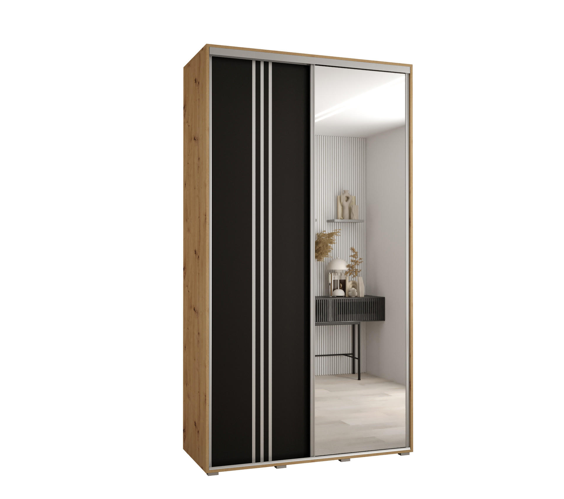 Abiks Möbel SCHWEBETÜRENSCHRANK Eiche Artisan, Schwarz, Silber 140cm × 60cm × 235cm