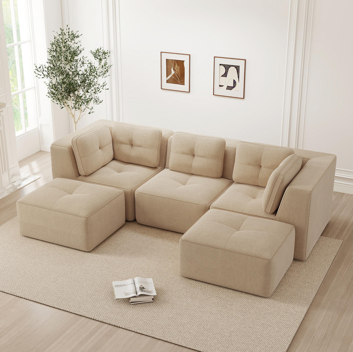 ECKSOFA modular 74 cm Sitztiefe Cord Beige - Beige, Kunststoff (177/69/297.1cm) - Meubliv