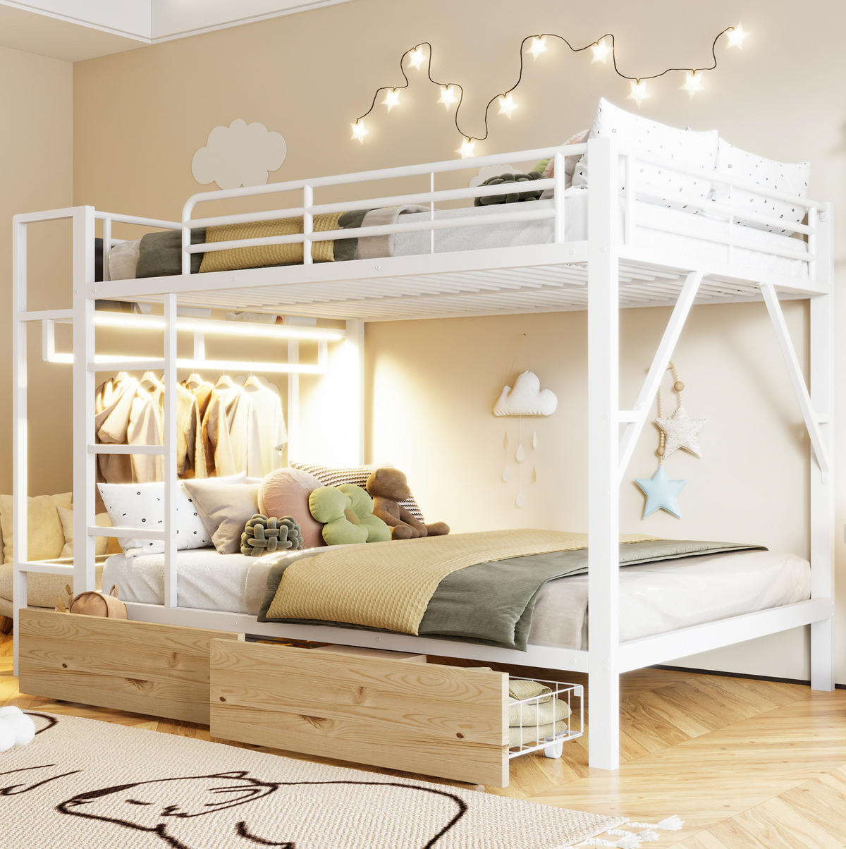 ETAGENBETT 140/200 cm Weiß mit LED, 2 Schubladen, Ablageflächen, ohne Matratze - Weiß, Metall (140/200cm) - MIVRAY