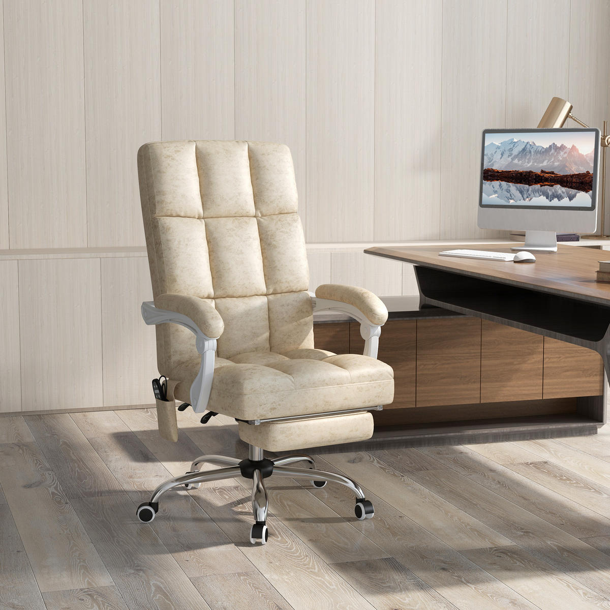 BÜROSTUHL mit Vibrationsmassage Ergonomischer Schreibtischstuhl mit Wärmfunktion - Beige, Kunststoff (74/118/64cm) - Vinsetto