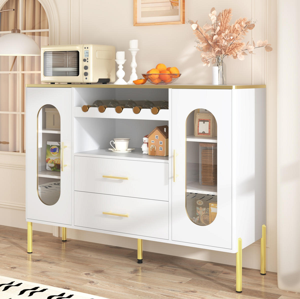 KOMMODE aus MDF 120x38x90cm in Weiß mit Weinregal - Weiß, Holzwerkstoff (120/90/38cm) - Modfu