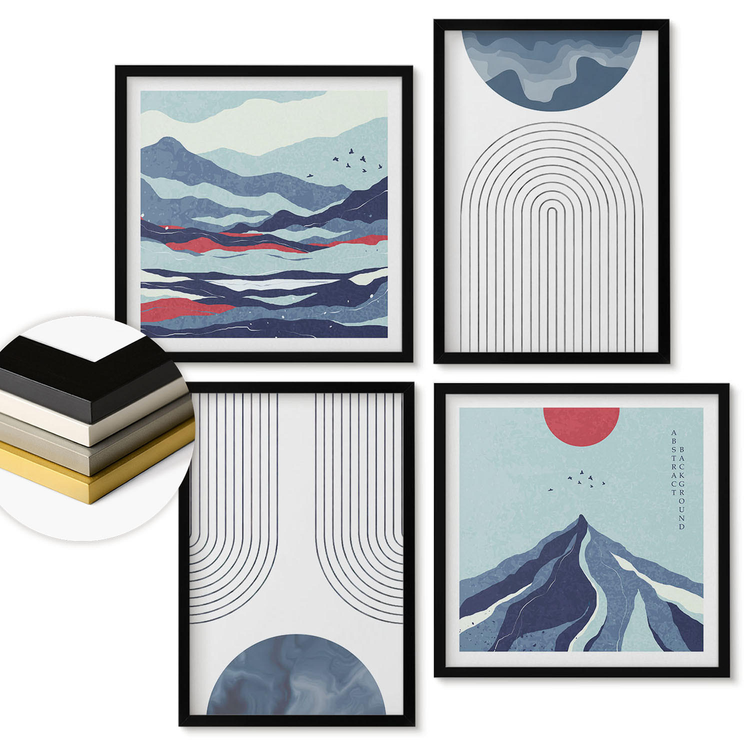 WANDBILDER 4er-Set - 50x50 cm & 40x60 cm Schwarzer Rahmen - Abstrakte Berglandschaften - Schwarz, Kunststoff (50/50cm) - ArtPrintCave