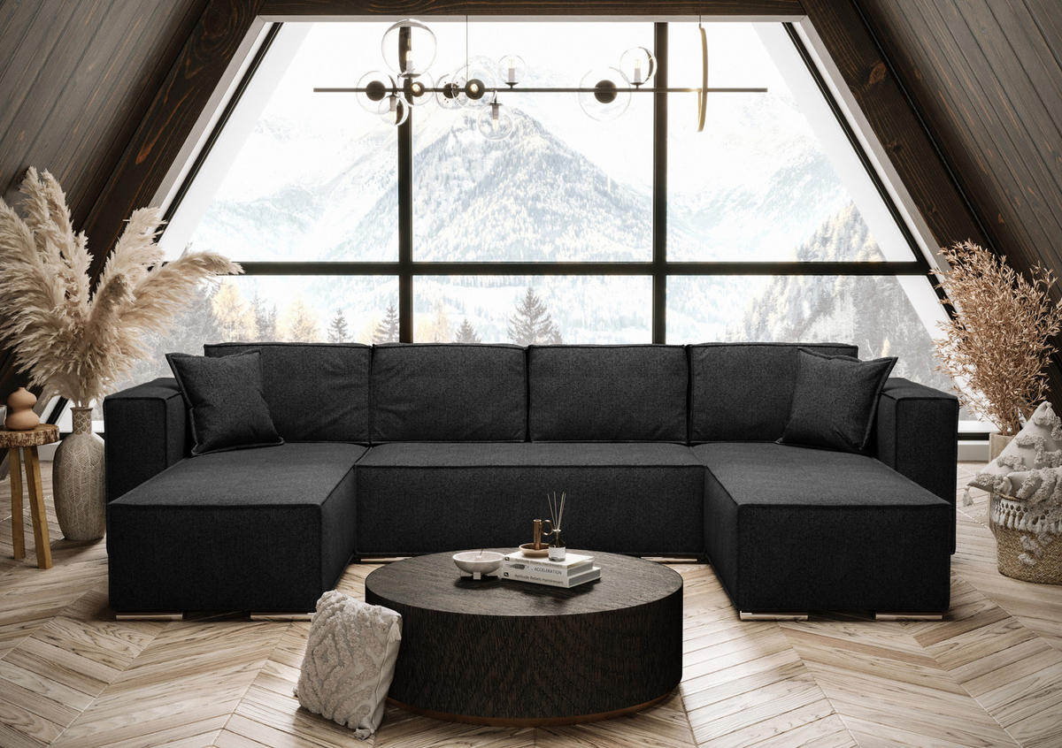 WOHNLANDSCHAFT Vinoria Schwarz 327/180/82 cm mit Schlaffunktion - Chromfarben/Schwarz, Textil/Metall (327/82/180cm) - AX Living