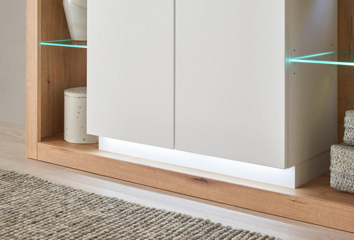 HIGHBOARD weiß matt, Evoke Eiche, Kommode 141 x 139 cm - Eichefarben/Silberfarben, Glas/Holzwerkstoff (141/139/37cm) - Furn.Design