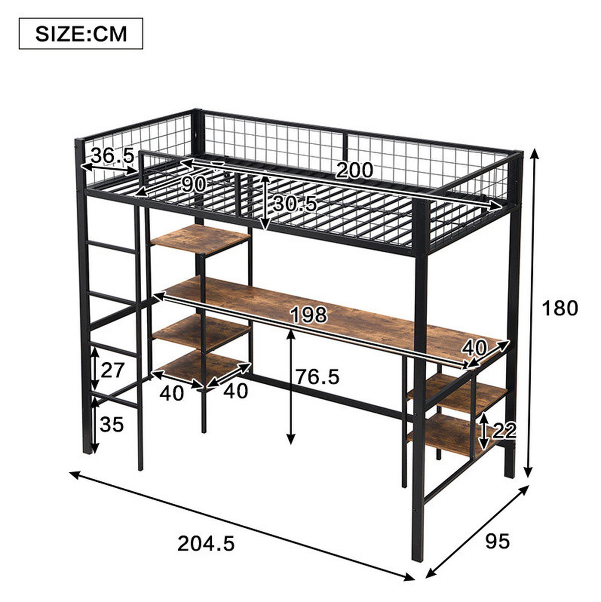 ETAGENBETT aus Metall und Spanplatte 90x200 cm Schwarz mit Schreibtisch, Regalen und 4-stufiger Leiter - Schwarz, Metall (90/200cm) - Modfu