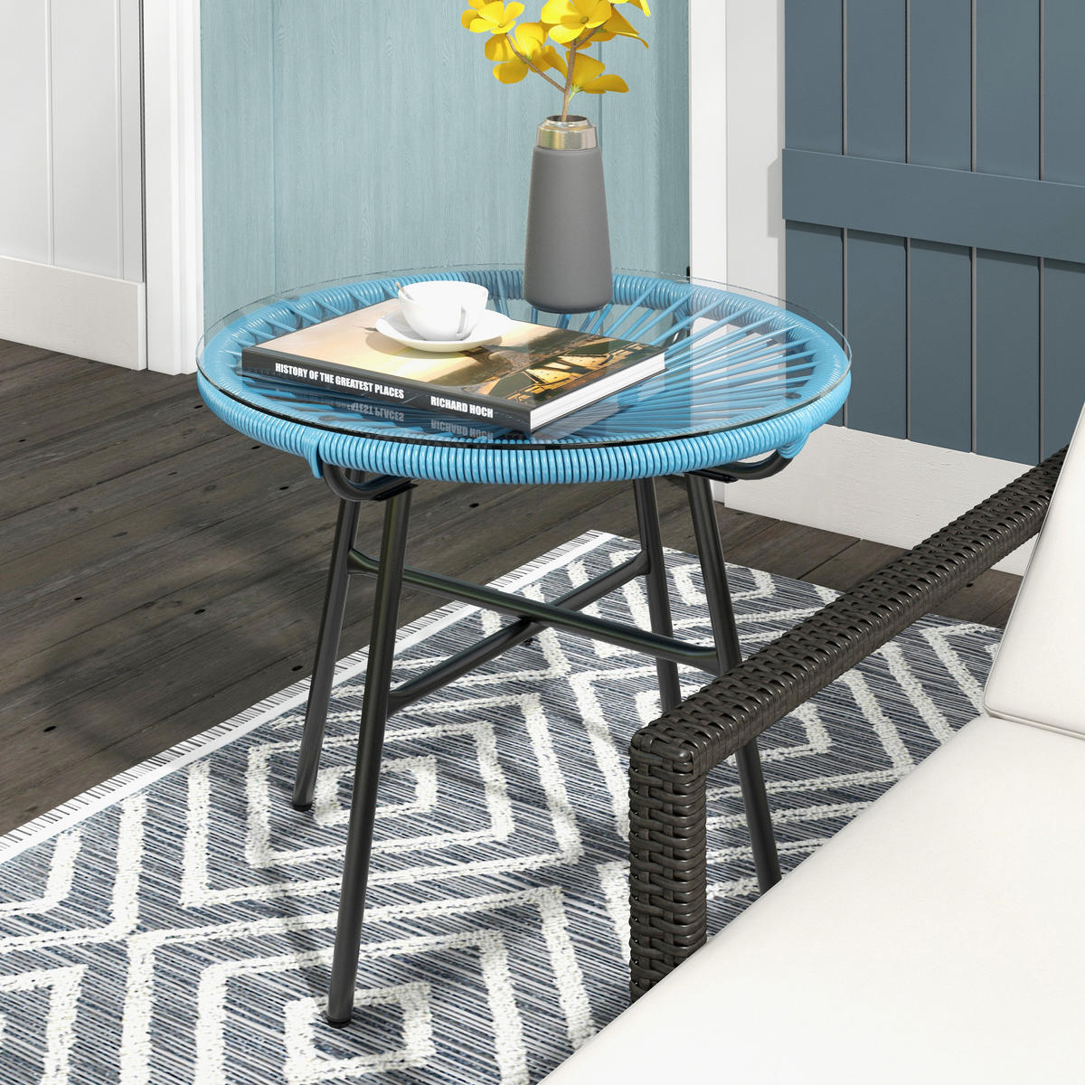 GARTENBEISTELLTISCH DE-13583 rund mit Glasplatte, PE-Rattan Natur - Blau, Metall (50/50/50cm) - ComfortXL