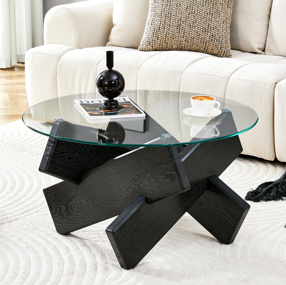 COUCHTISCH 79/45 cm schwarz transparent aus MDF und Glas mit Kreuzgestell - Schwarz, Holzwerkstoff (79/79/45cm) - OKMYHOME