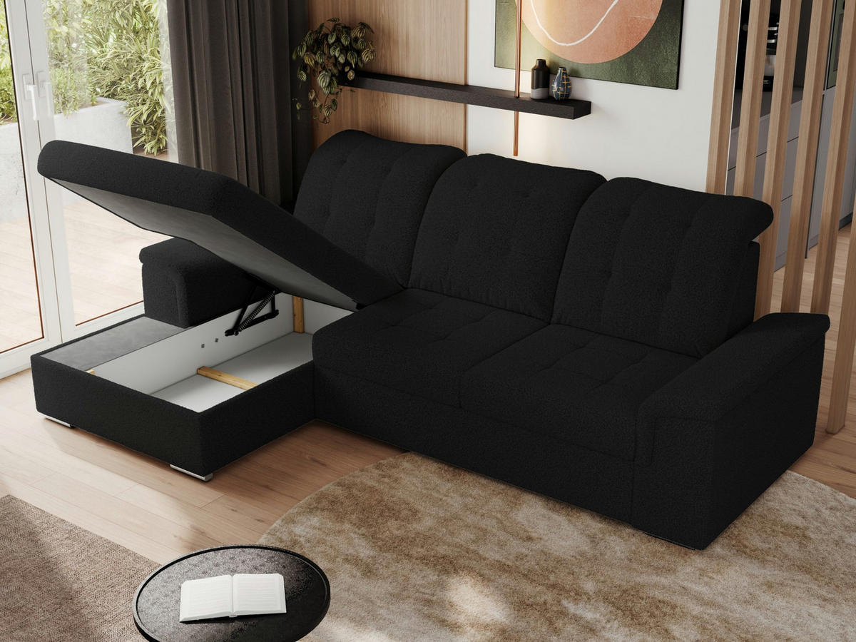 ECKSOFA MADRITO L - Schwarz Boucle - Links - Silberfarben/Schwarz, Textil/Metall (160/256cm)