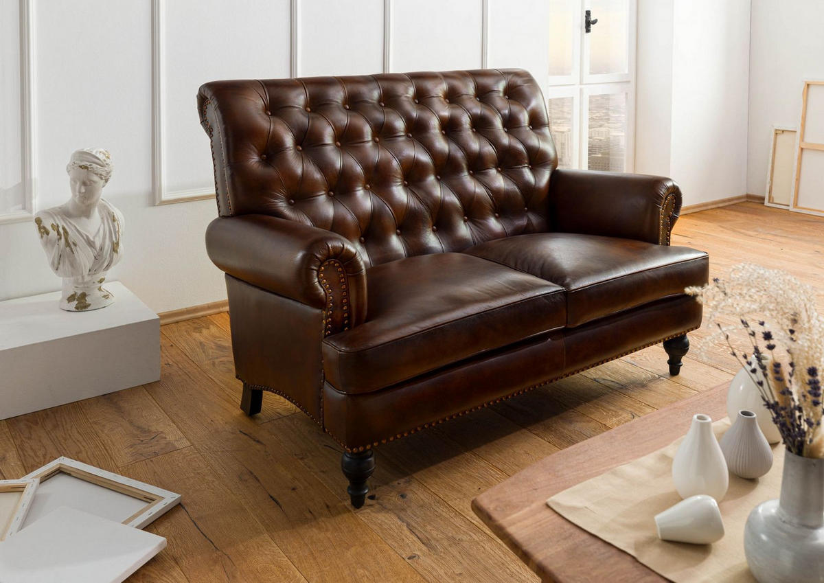 SOFA 2-Sitzer Echtleder 140x84x94 braun CHESTERFIELD #106 - Braun, Leder (140/94/84cm) - Massivmoebel24